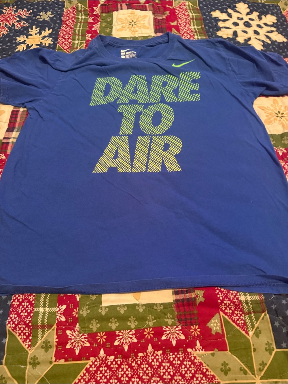Nike Blue Tee with Neon Yellow-Green Swoosh and Text - Picture 3 of 3